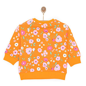 Kız Bebek Sweatshirt Çiçek Desenli Şardonlu Çıtçıtlı Bisiklet Yaka Uzun Kol Desenli