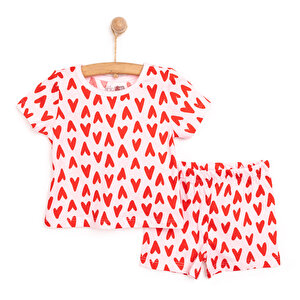 Kısa Kol Kalp Desenli Bisiklet Yaka Pijama Takımı