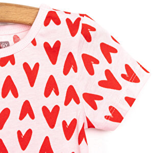 Kısa Kol Kalp Desenli Bisiklet Yaka Pijama Takımı