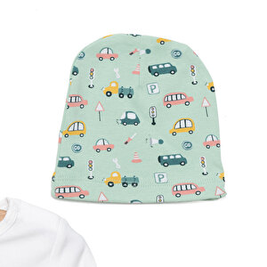 Araba Baskılı Yenidoğan Erkek Body-Patikli Alt-Şapka Erkek Bebek