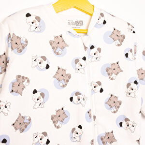 Erkek Bebek Uyku Tulum Araba Desenli İnterlok Fermuarlı 2 Tog Bisiklet Yaka Uzun Kol Bej