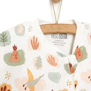 Erkek Bebek Uyku Tulum Araba Desenli İnterlok Fermuarlı 2 Tog Bisiklet Yaka Uzun Kol Bej