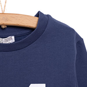 Erkek Bebek Sweatshirt Şardonlu Aslan Desenli Çıtçıtlı Bisiklet Yaka Uzun Kol Lacivert