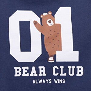 Erkek Bebek Sweatshirt Şardonlu Aslan Desenli Çıtçıtlı Bisiklet Yaka Uzun Kol Lacivert