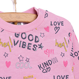 Kız Bebek Sweatshirt Kalp Desenli Şardonlu Çıtçıtlı Bisiklet Yaka Uzun Kol Desenli