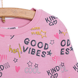 Kız Bebek Sweatshirt Kalp Desenli Şardonlu Çıtçıtlı Bisiklet Yaka Uzun Kol Desenli