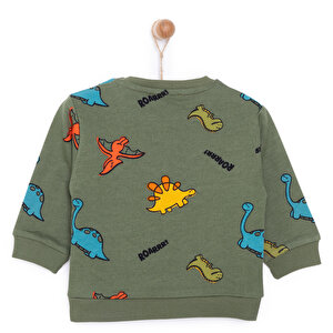 Erkek Bebek Sweatshirt Şardonlu Çıtçıtlı Dinozor Desenli Bisiklet Yaka Uzun Kol Desenli