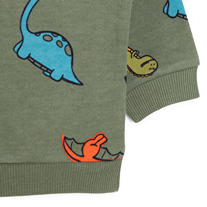 Erkek Bebek Sweatshirt Şardonlu Çıtçıtlı Dinozor Desenli Bisiklet Yaka Uzun Kol Desenli