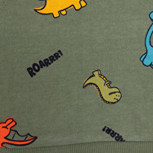 Erkek Bebek Sweatshirt Şardonlu Çıtçıtlı Dinozor Desenli Bisiklet Yaka Uzun Kol Desenli
