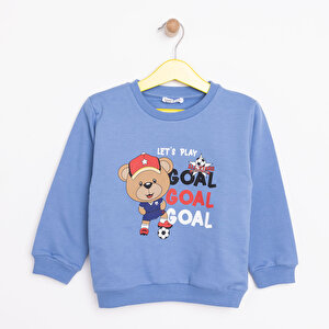 Erkek Bebek Sweatshirt Şardonlu Goal Baskılı Çıtçıtlı Bisiklet Yaka Uzun Kol Mavi
