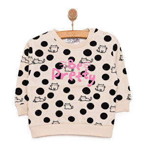 Basic Az Şardonlu Kedi Desenli Puantiyeli Sweatshirt Kız Bebek Bisiklet Yaka Uzun Kol Basic Az Şardonlu Kedi Desenli Puantiyeli Sweatshirt Kız Bebek Bisiklet Yaka Uzun Kol