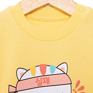 Kız Bebek Sweatshirt Şardonlu Kedi Desenli Çıtçıtlı Bisiklet Yaka Uzun Kol Açık Sarı