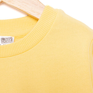 Kız Bebek Sweatshirt Şardonlu Kedi Desenli Çıtçıtlı Bisiklet Yaka Uzun Kol Açık Sarı