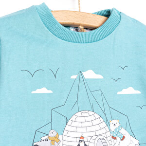 Erkek Bebek Sweatshirt Kutup Temalı Desen Çıtçıtlı Bisiklet Yaka Uzun Kol Turkuaz