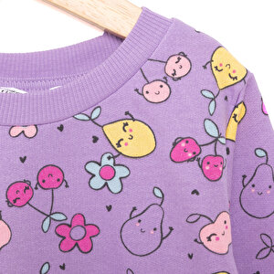 Kız Bebek Sweatshirt Şardonlu Meyve Desenli Çıtçıtlı Bisiklet Yaka Uzun Kol