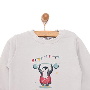Erkek Bebek Sweatshirt Şardonlu Penguen Baskılı Bisiklet Yaka Uzun Kol Gri Erkek Bebek Sweatshirt Şardonlu Penguen Baskılı Bisiklet Yaka Uzun Kol Gri