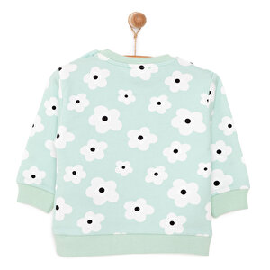 Kız Bebek Sweatshirt Şardonlu Yazılı Papatya Desenli Çıtçıtlı Bisiklet Yaka Uzun Kol