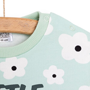 Kız Bebek Sweatshirt Şardonlu Yazılı Papatya Desenli Çıtçıtlı Bisiklet Yaka Uzun Kol