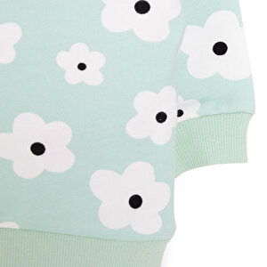 Kız Bebek Sweatshirt Şardonlu Yazılı Papatya Desenli Çıtçıtlı Bisiklet Yaka Uzun Kol