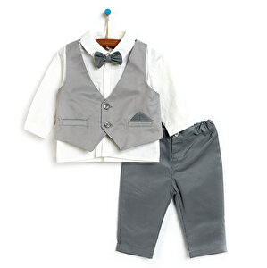 Basic Erkek Bebek Gri Gömlek-Pantolon-Yelek 3lü Şık Takım Erkek Bebek