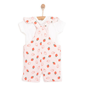 Basic Kız Çilek Desenli Şort Salopet-Tshirt Kız Bebek
