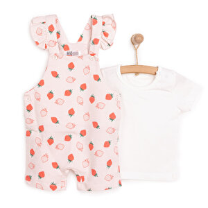 Basic Kız Çilek Desenli Şort Salopet-Tshirt Kız Bebek