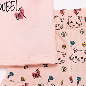 Basic Kız Kedi Baskılı Tshirt-Şort Kız Bebek
