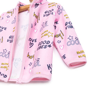 Kız Bebek Polar Hırka Metraj Baskılı Fermuarlı Hakim Yaka Uzun Kol