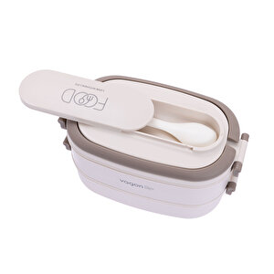 Bölmeli 2 katlı Paslanmaz Çelik Beslenme Kutusu 1140 ml Bej (çatal Kaşık ve atıştırmalı