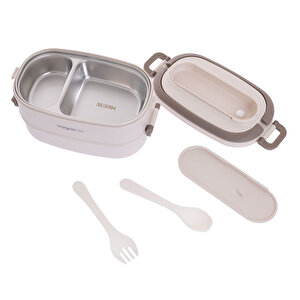 Bölmeli 2 katlı Paslanmaz Çelik Beslenme Kutusu 1140 ml Bej (çatal Kaşık ve atıştırmalı