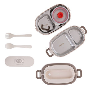 Bölmeli 2 katlı Paslanmaz Çelik Beslenme Kutusu 1140 ml Bej (çatal Kaşık ve atıştırmalı