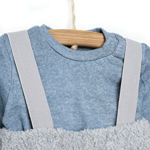 Gray Blue Welsoft Peluş Salopet-Sweatshirt Takım