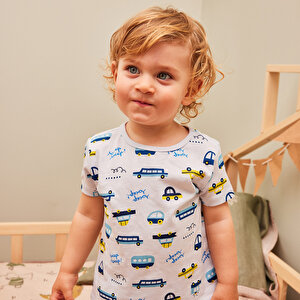 Erkek Kısa Kol Araba Desenli Bisiklet Yaka Pijama Takımı