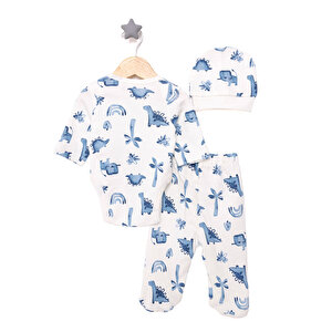 Dinazor Baskılı Yenidoğan Erkek Body-Patikli Alt-Şapka Erkek Bebek