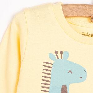 Erkek Bebek Pijama Takım Kaşkorse Dinazor Baskılı Bisiklet Yaka Uzun Kol Sarı