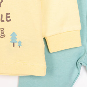 Erkek Bebek Pijama Takım Kaşkorse Dinazor Baskılı Bisiklet Yaka Uzun Kol Sarı