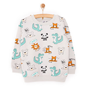 Erkek Bebek Sweatshirt Şardonlu Dinazor Desenli Çıtçıtlı Bisiklet Yaka Uzun Kol Erkek Bebek Sweatshirt Şardonlu Dinazor Desenli Çıtçıtlı Bisiklet Yaka Uzun Kol