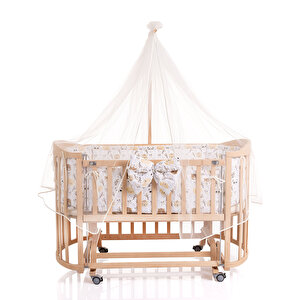 Ahşap Süper Oval Anne Yanı Asansörlü Beşik Naturel 70X140 cm