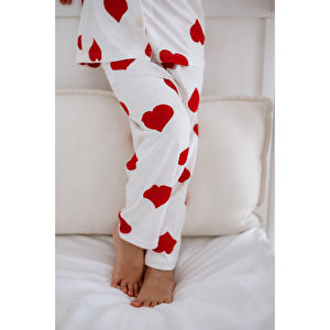 Önden Düğmeli Bambu Kalpli Çocuk Pijama Takımı