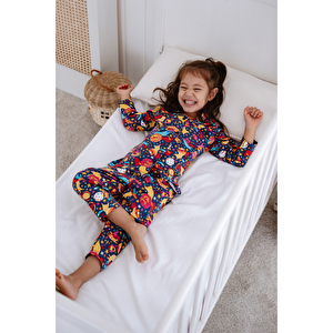 Önden Düğmeli Çocuk Pijama Takımı Uzay Desenli
