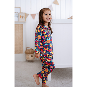 Önden Düğmeli Çocuk Pijama Takımı Uzay Desenli