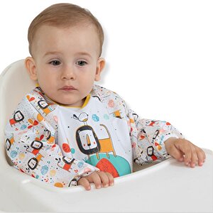 Sıvı Geçirmez Uzun Kollu Mama Ve Aktivite Önlüğü - Bebek Aslan ve Fil Desenli
