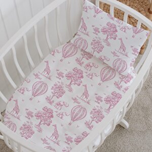 %100 Pamuklu Poplin Anne Yanı Beşik Nevresim Seti - Pink Balloon Safari