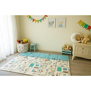 Katlanabilir Çift Taraflı Oyun Matı - Çantalı, Kaymaz, Su Geçirmez, Araçlar, Yollar & Harf Desenli