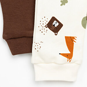 Erkek Bebek Yenidoğan 2'li Patiksiz Alt İnterlok  Hayvan Desenli Bej