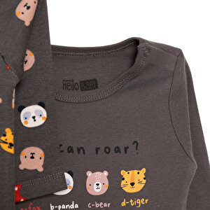 Erkek Bebek Body Hayvan Desenli Çıtçıtlı Zıbın Uzun Kol Koyu Gri