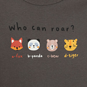 Erkek Bebek Body Hayvan Desenli Çıtçıtlı Zıbın Uzun Kol Koyu Gri