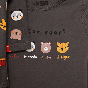 Erkek Bebek Body Hayvan Desenli Çıtçıtlı Zıbın Uzun Kol Koyu Gri