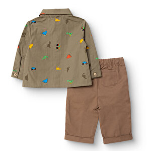 Erkek Bebek Gömlek-Pantolon Düğmeli Poplin Kapüşonlu Yaka Reçme Paça