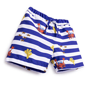 Erkek Bebek UV Koruma Şort Mayo Çizgili Yengeç Desen İpli Micro Kumaş